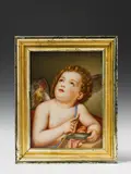Anton Raphael Mengs, A Berlin KPM porcelain plaque showing Cupid sharpening an arrow., Fine painting after a pastel by Anton Raphael Mengs. Impressed sceptre mark above KPM, impressed numbers