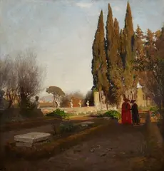 Albert Hertel, In the Gardens of Casel Gandolfo, Oil on canvas, laid down on card