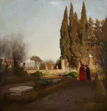 Albert Hertel, In the Gardens of Casel Gandolfo, Oil on canvas, laid down on card