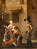 Johannes von der Bent, Four Figures Conversing in the Courtyard of an Italian House, Oil on canvas (relined)