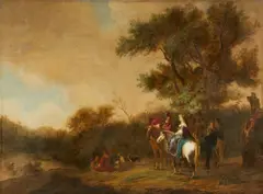 A Wooded Landscape with a Hunting Party by attributed to Gerrit Claesz. Bleker, Oil on canvas (relined), sold Mar 2015