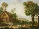 German School 2nd half 18th century, Landscape with a Farmhouse and a View of a Town by a River, Oil on canvas