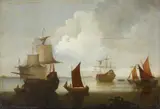 Sailing Ships and Boats on Calm Seas by circle of Hendrik Jacobsz. Dubbels, Oil on panel (parquetted), sold Mar 2015