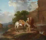 Landscape with Travellers and a Horse by a Well by Probably French School 2nd half 18th century, Oil on panel, offered Mar 2015