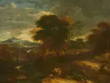 Netherlandish School 17th century, Panoramic Landscape with Shepherds and a Dog