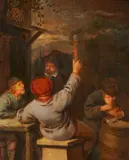 Peasants Drinking Outside a Tavern by follower of Adriaen van Ostade, Oil on panel (parquetted), offered Mar 2015