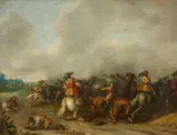 Palamedes Palamedesz., A Cavalry Battle in a Panoramic Landscape, Oil on copper