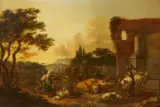 An Italianate Landscape with Shepherds and Cattle by circle of Jan Frans Soolmaker, Oil on panel; set into a thin, parquetted panel, offered Mar 2015
