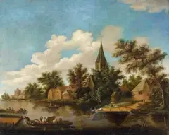 Lambert van Straaten, Dutch River Landscape with a Village and Figures, Oil on canvas (relined)