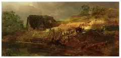 Andreas Achenbach, A Farmhouse by a River (Oil Study), Oil on panel