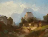 Franz Barbarini, Alpine Landscape with a Castle and Village, Oil on canvas