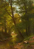 Fritz (Friedrich Carl Werner) Ebel, Forest Landscape with Children Playing by a Stream, Oil on canvas (relined)