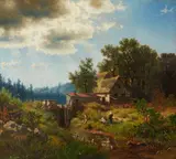 Hermann Herzog, Landscape with a Mill and Anglers, Oil on canvas