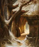 Carl Hilgers, A Cloister in Winter with a Monk Ringing the Alms Bell, Oil on canvas