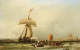 Charles Hoguet, Dutch Coastal View with a Sailing Ship and Boats, Oil on canvas