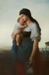 Theodor Köppen, A Mother and Child by a Well, Oil on canvas