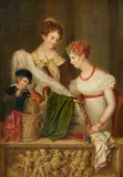 Marie Latour, Ladies with Embroidery A Couple Making Music, Oil on panel. Each