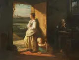 Johannes Engel Masurel, Rustic Interior with a Grandmother, Mother and Child, Oil on panel