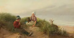 Carl Emil Mücke, Children Playing on the Beach with a Dog and Goats, Oil on canvas