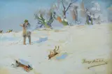 Hugo Mühlig, Winter Landscape with a Rabbit Hunt, Gouache on card