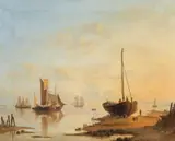 Jacobus Hendricus Johannes Nooteboom, Coastal Landscape with Sailing Ships, Oil on canvas