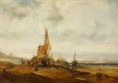 Jules Achille Noël, A Coastal Landscape with Sailing Boats and Fishers, Oil on panel