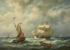 A Sailing Ship and Fishing Boats in Stormy Seas by George Willem Opdenhoff, Oil on panel, sold Mar 2015