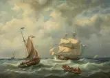 George Willem Opdenhoff, A Sailing Ship and Fishing Boats in Stormy Seas, Oil on panel