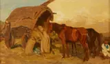 August von Pettenkofen, Horses by a Wagon, Oil on canvas