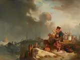 called Le Poittevin Eugène Poidevon, Coastal Landscape with a Family of Fishers, Oil on panel (parquetted)