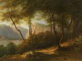 E. Schmidt, Landscape with a Forest Path by a Lake, Oil on canvas