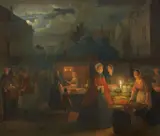 Pieter Geerard Sjamaar, A Market Scene by Moonlight, Oil on panel (parquetted)