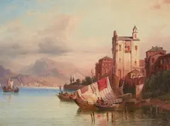 A. Suplie, Town by a Mountain Lake, Oil on canvas