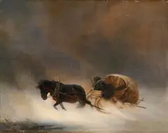 Nikolai Sverchkov, A Carriage in a Snowstorm, Oil on canvas, mounted on wood