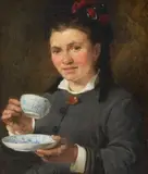 Konrad Weigand, A Lady Drinking Tea, Oil on canvas