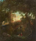 August von Wille, Forest Landscape with Bathers, Oil on canvas