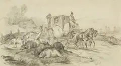 August Becker, Carriage Ride on a Country Road, Pencil on paper