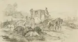 August Becker, Carriage Ride on a Country Road, Pencil on paper