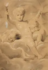 Charles Chaplin, Cherub with a Torch - Allegory of Night, Black chalk, highlighted in white on laid paper