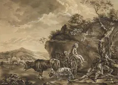 Landscape with Shepherds by Netherlandish School 18th century, Grey ink and wash on ribbed paper, offered Mar 2015