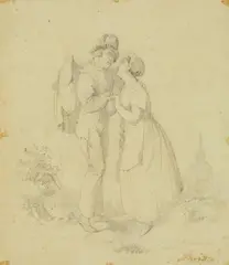 Adolf Schrödter, The Journeyman's Farewell from his Sweetheart, Pencil on thin paper