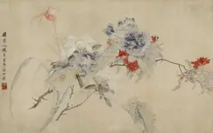 Unidentified painter, Peonies, azalea and lilies. Ink and colours on silk. Inscription and sealed Run zhi Lu Han. Around 1900., Peonies, azalea and lilies. Ink and colours on silk. Inscription and sealed Run zhi Lu Han. Around