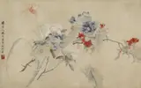 Unidentified painter, Peonies, azalea and lilies. Ink and colours on silk. Inscription and sealed Run zhi Lu Han. Around 1900., Peonies, azalea and lilies. Ink and colours on silk. Inscription and sealed Run zhi Lu Han. Around