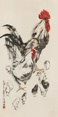 hen and chicks. Hanging scroll. Ink and colours on paper. Inscribed Huang Zhou and sealed Huang Zhou zhi yin. Rooster, Rooster, hen and chicks. Hanging scroll. Ink and colours on paper. Inscribed Huang Zhou and sealed Huang Zhou zhi yin., Rooster, hen and chicks. Hanging scroll. Ink and colours on paper. Inscribed Huang Zhou and sealed Huang Zhou zhi yin
