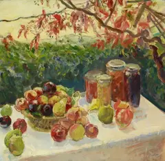 Max Slevogt, Herbstliches Stilleben mit Früchten, Weinlaube Neukastel, 1917, Oil on canvas
