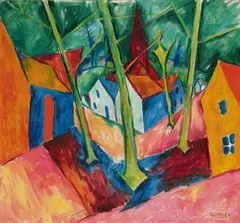 Walter Ophey, Dorf mit Bäumen, Öl auf Leinwand, doubliert