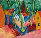 Walter Ophey, Dorf mit Bäumen, Öl auf Leinwand, doubliert