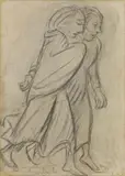Ernst Barlach, Nach rechts eilendes Paar, 1922, Charcoal drawing on thick, brownish drawing paper