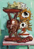 Max Kaus, Stillleben mit afrikanischem Hocker, Maske und Sonnenblumen