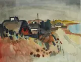 Ernst Mollenhauer, Fischerhäuser am Meer, 1954, Oil on ivory coloured laid paper